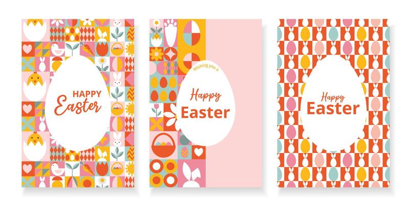 Set 3 modern greeting cards for Happy Easter with text. Design with bright geometric patterns. Squares with eggs, bunny, flowers. Bauhaus style. Template for card, poster, flyer, banner, cover
