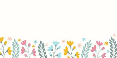 Spring rectangular floral background with empty place for text in flat style. Hand drawn tender colorful flowers and green branches. Holiday seasonal template. vector