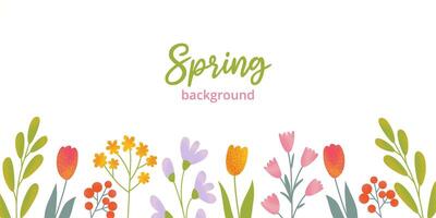 Spring or summer horizontal floral template in flat vector style. Drawing colorful different flowers and green leaves with grainy texture.