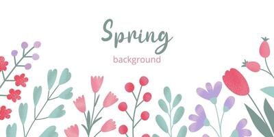 Spring or summer rectangular botanical template in flat vector style. Hand drawn colorful different grainy textured flowers and green leaves.