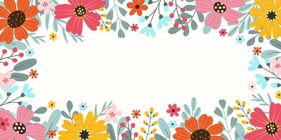 Spring or summer rectangular festive illustration on white background with place for text in flat style. Hand drawn big colorful flowers, herbs. Vector cover design template.