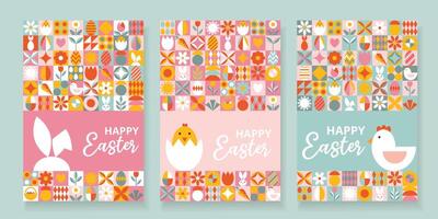Collection 3 greeting posters for Happy Easter with text. Modern design with simple geometric patterns. Icons with eggs, bunny, flowers, chicken. Bauhaus style. Layout for card, advertising, banner vector