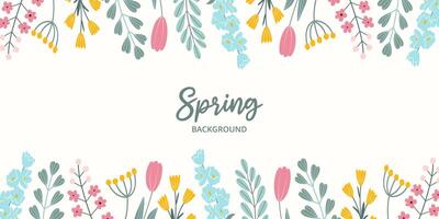 Spring horizontal festive banner on white background with place for typography in flat vector style. Hand drawn blooming colorful flowers, green leaves. Seasonal botanical template.