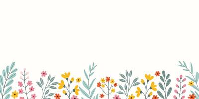 Spring rectangular celebration background with empty place for text in flat style. Hand drawn different colorful flowers and branches. Holiday seasonal floral template. vector