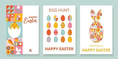 Collection 3 cards for Happy Easter with typography. Design with simple geometric icons of colorful eggs, bunny, nestling. Bauhaus style. Layout for card, poster, advertising, banner vector