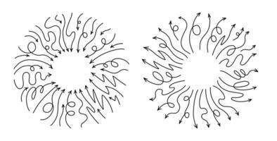 redondo marcos con línea flechas señalando en y fuera de centro. vector curvilíneo y ondulado flechas aislado en blanco antecedentes.