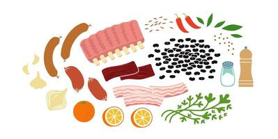 Feijoada or black beans stew fresh raw ingredients set. Flat vector illustration isolated on white background.