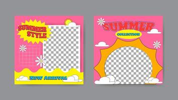 Collection of summer social media post templates in cartoon style. Square banner design background. vector