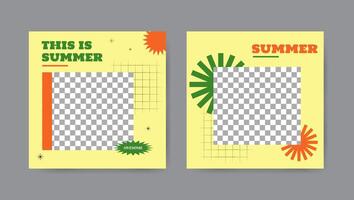 Collection of summer social media post templates in cartoon style. Square banner design background. vector