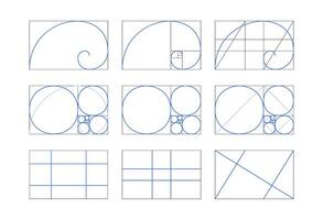 Golden ratio set. Proportions template composition balance in geometry and spiral lines. Fibonacci sequence. vector