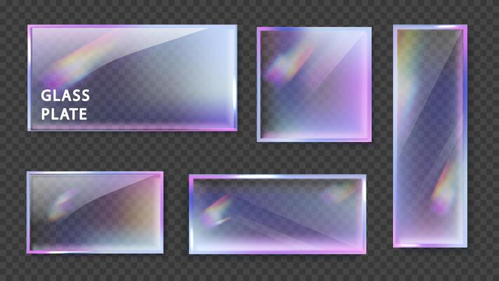 Crystal glass banner refraction and holographic effect isolated on black background. Transparent glass plate with overlay dispersion light, rainbow gradient.