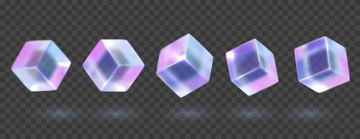 3d crystal glass holographic cube set. Glossy iridescent geometric shapes. Crystal glass element. Overlay dispersion light vector