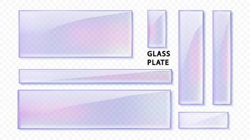 Crystal glass plate set with colors reflection in holographic color isolated. Transparent Realistic glass panel plates or frames for placing name vector