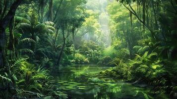 AI generated Amazonian lush rain forest jungle. Save the planet concept. photo