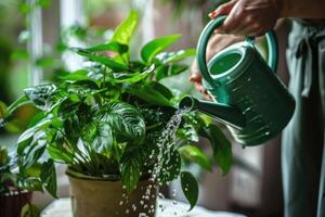 ai generado mujer manos riego planta con riego lata en flor maceta a hogar. interior jardinería. cuidando para planta de casa hogar. foto