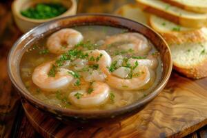 AI generated Shrimp broth with toasted bread on a wooden table traditional brazilian appetizer. photo