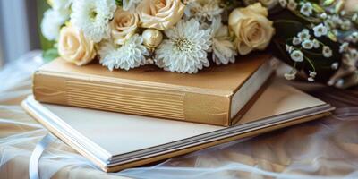 ai generado Boda foto álbum con flor en un de madera antecedentes