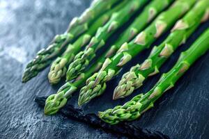 AI generated Vegetables. Green asparagus on the table. photo