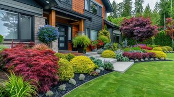 ai generado frente patio trasero, paisaje diseño con multicolor arbustos intersectando con brillante verde céspedes detrás el casa es un moderno foto