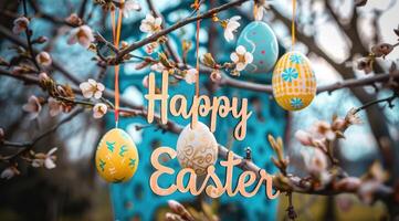 AI generated Colorful Easter eggs hanging on blooming tree branches outdoor in garden. photo