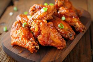 AI generated Crispy fried chicken wings on wooden table. photo