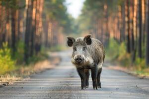 AI generated Boar standing on the road near forest at early morning or evening time. Road hazards, wildlife and transport. photo