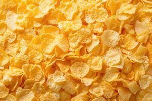 AI generated Golden cornflakes background and texture View from above cornflakes healthy breakfast photo