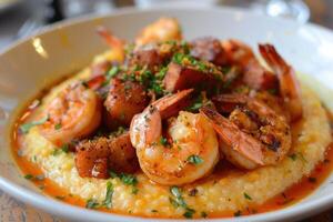 AI generated Dish consisting of shrimp and grits. photo