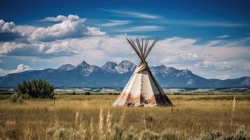 ai generado tipi con montañas en antecedentes. foto