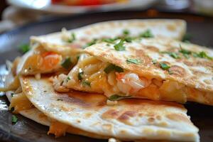 ai generado Mariscos Quesadilla con cangrejo y crema queso. foto