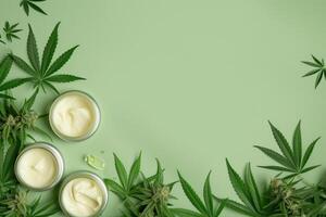 AI generated Cosmetic cream with marijuana leaves on a green background with space for text. photo