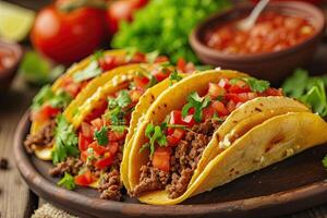 AI generated Mexican tacos with beef in tomato sauce and salsa. photo