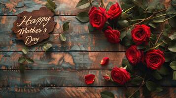 AI generated Happy Mother's day with red roses over rustic wood background photo