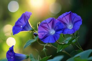 AI generated Closeup of blue and purple morning glory flowers and foliage. Selective focus. photo