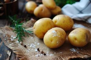 AI generated Rustic unpeeled potatoes on a table. photo