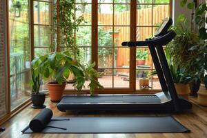 AI generated Home workout fitness corner, treadmill in a cozy setting. photo