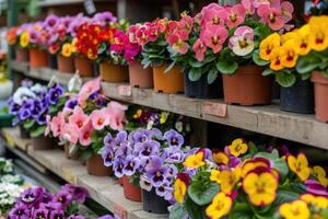 ai generado muchos vistoso floreciente flores en ollas son desplegado en estante en florístico Tienda o a calle mercado. primavera plantando foto