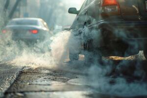 ai generado transporte viaje tráfico Enjambres en carreteras con aire contaminación, fumar desde coche cansada tubería. foto