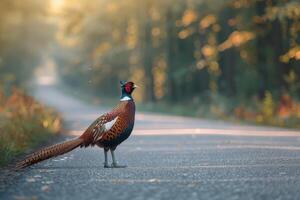 ai generado Faisán en pie en el la carretera cerca bosque a temprano Mañana o noche tiempo. la carretera peligros, fauna silvestre y transporte. foto