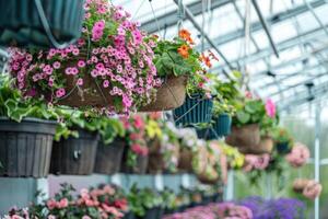 AI generated Flowers and potted plants in a greenhouse. photo