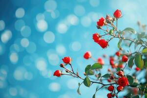 AI generated Blooming rose bush on a blue background. Flowering rose hips against the blue sky. photo