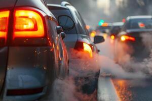 ai generado transporte viaje tráfico Enjambres en carreteras con aire contaminación, fumar desde coche cansada tubería. foto