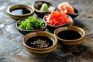AI generated Japanese condiment for sushi. Soy sauce, wasabi, pickled ginger, sesame. Japanese cuisine. photo