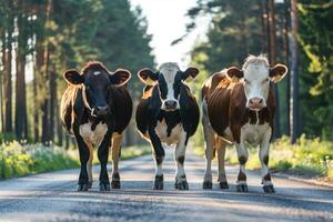 AI generated Cows standing on the road near forest at early morning or evening time. Road hazards, wildlife and transport. photo