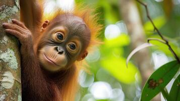 AI generated Baby orangutan in his natural environment in the rainforest photo