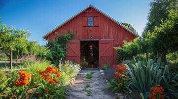 AI generated Red barn constructed on a farm in summer with doors open photo