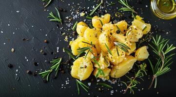 AI generated Crushed, smashed potatoes baked with rosemary and thyme. Black background. Top view. photo