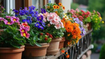 ai generado vistoso flores creciente en ollas en el balcón. foto