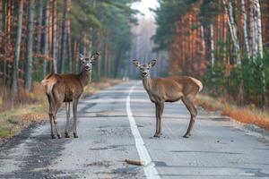 AI generated Deers standing on the road near forest at early morning or evening time. Road hazards, wildlife and transport. photo