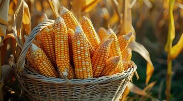 AI generated Corn cobs in basket at the field corn farm. photo